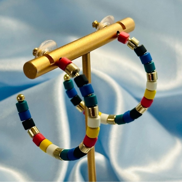 Colorful Beaded Hoop Earrings | Rainbow Statement Hoops 1.5" - Picture 4 of 9